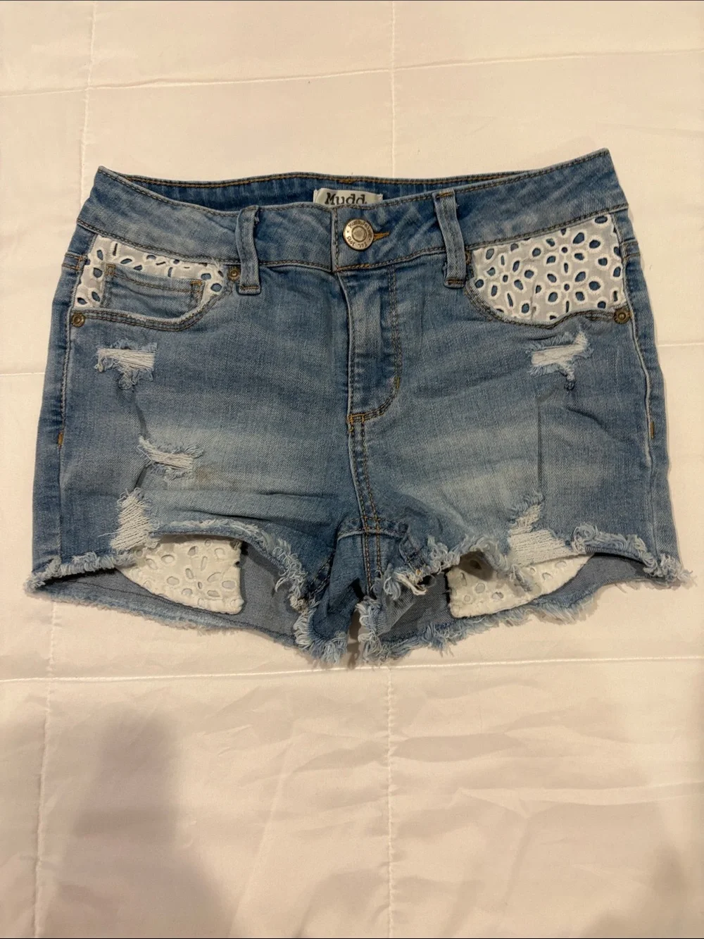 Mudd Light Blue Distressed Denim Shorts with White Eyelet Inset